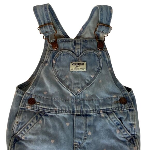 OshKosh Bgosh Baby Girl Denim Heart Print Overalls 18M Light Wash Snap Legs - Picture 2 of 6
